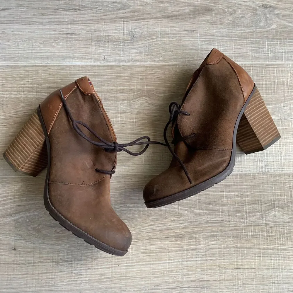 Tommy Hilfiger Duff Lace Up Booties Oxford Brown Leather Suede 8.5 Womens Boots